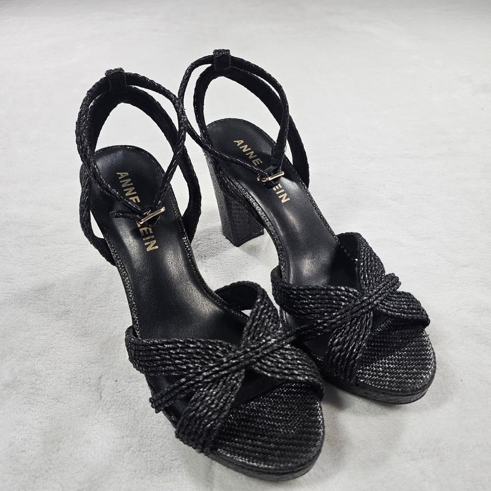 Anne Klein Arvex Sandals Womens 9M Black Excellent Woven Block Heel VEXU1F9